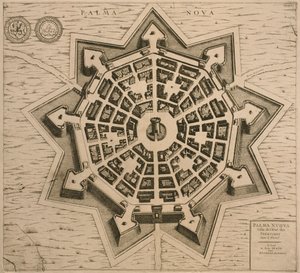 Mapa Palmanova, z Les Villes de Venetie, 1704, publikoval Rutgert Alberts v Haagu