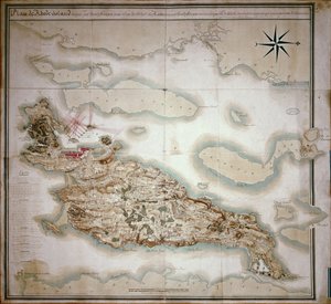 Mapa Rhode Island v době jeho okupace 1780-81 francouzskou armádou na příkaz Jean-Baptiste de Vimeur (1725-1807) hraběte z Rochambeau