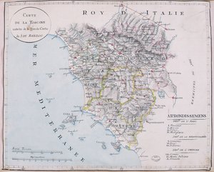 Mapa Toskánska, detail velké mapy J. de Baillou (tužka, inkoust a akvarel na papíře) od French School