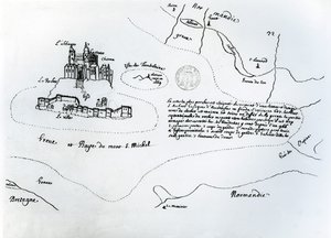 Mapa zálivu Mont Saint-Michel (pero a inkoust na papíře)