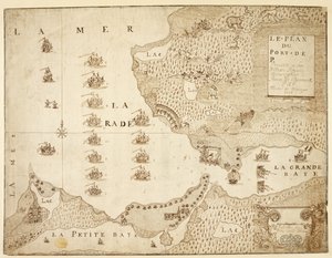 Mapa přístavu Placentia, Kanada (pero a inkoust na papíře) od French School