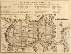 Mapa města Siamu, hlavního města stejnojmenného království, podle průzkumu francouzského inženýra z roku 1687, publikovaná ve vydání Histoire Generale des Voyages Antoina Prevosta z roku 1751.
