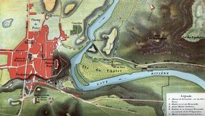 Mapa země Lurdy v roce 1858, rok vizí Bernadette Soubirousové: ukazuje polohu jejího domu a jeskyně. Vysoké Pyreneje (65). Chromolitografie v „“ Notre Dame de Lourdes”” od Henriho Lasserra od French School