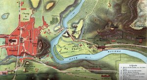 Mapa země Lurdy v roce 1877: ukazuje polohu domu Bernadette Soubirousové, jeskyni, kde by viděla Pannu Marii, a také baziliku, kláštery karmelitánů a benediktinů a biskupský palác. Vysoký Pyren od French School