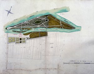 Mapa zahrady Moulin Joly. Deska atlasu plánů území Colombes (1780), zachovaná v Národním archivu. od French School
