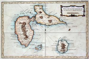 Mapa ostrova Martinik, ostrova Saintes a ostrova Marie Galante v Západní Indii. Rytina z 19. století Chartres, Musee des Beaux Arts od French School