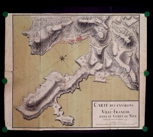 Mapa okolí Villefranche v hraběcí hrázi Nice v říjnu 1748 od French School