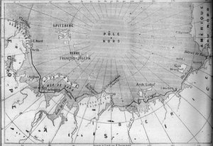 Mapa plavby po „“Vegě““ podle průzkumníka Nilse Adolfa Erika (Erica) Barona Nordenskjolda (Nordenskiold) (1832-1901). V roce 1878 Nordenskjold přešel z Atlantského oceánu do Tichého oceánu podél pobřeží Sibiře. Rytina v „“ Le Monde Illust od French School