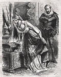 Marguerite de Valois (1553-1615), známá jako královna Margot, ukrývá v trezoru svého milence Juliena de Leris. Její manžel, francouzský král Jindřich IV. (1553-1610), scénu s legrací pozoruje. 16. století. Rytina z roku 1871 v „Histoire Des Cocuses Celebre od French School