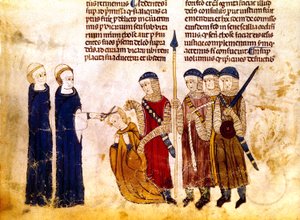 Markéta Burgundská (1290-1315), manželka francouzského krále Ludvíka X., si nechává ostříhat vlasy za cizoložství (pergamen) od French School
