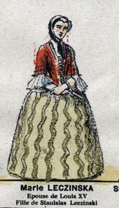 Marie Leszczynska (1703-1768), královna Francie, manželka Ludvíka XV. v „“ Galeriede Kings and Queens of France a slavné postavy z let 1643 až 1895““ Epinal obraz. od French School