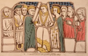 Sňatek Jindřicha VI. Anglického (1421 - 1471) a Margarity z Anjou (1429 - 1482) v roce 1445. Rytina z roku 1793. Bibl. Arts Deco v Paříži. od French School