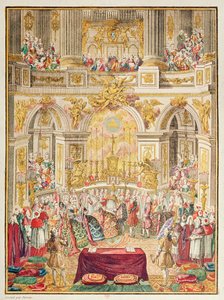 Sňatek francouzského dauphina (budoucího Ludvíka XVI.) s arcivévodkyní Marií-Antoinettou v kapli ve Versailles dne 16. května 1770 od French School