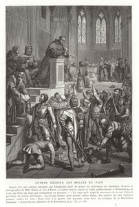 Martin Luther trhá papežské buly, Wittenberg, Německo, 1520