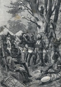 Masakr v Kongu: Evropané zásobování kanibaly. V „Le petit Parisien““ z roku 1898. od French School