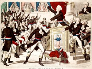 Maximilian Robespierre na Konventu (Seance of 19 Thermidor 1794), Jean Lambert (Jean-Lambert) Tallian ohrožuje Robespierra nožem - Populární dobová rytina od French School