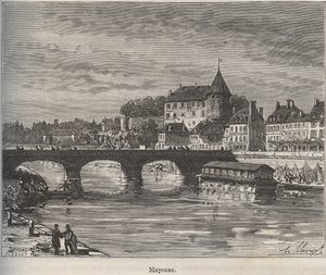 Mayenne je obec na západě Francie v regionu Pays de la Loire - rytina v „La France illustree: geography, history, Administration Statistique“ od V.-A. Sladově hnědá. 1884 od French School