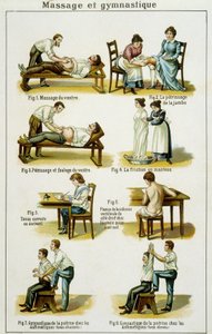 Medicínská tabule znázorňující masáže a gymnastiku (tahy z Bilzu, přírodní léčba) koncem 19. století. od French School