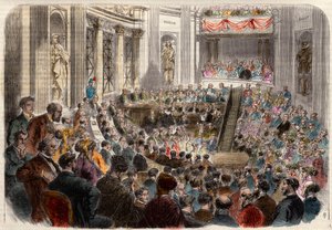 Schůze francouzské akademie dne 23. dubna 1868. Přijetí pana Julese Favrea (1809-1880), francouzského politika. Gravírování v „“L