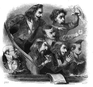 Členové romantického literárního hnutí se účastní prvního představení díla Victora Huga „Hernani“ (1802-1885) v Comedie Francaise v Paříži, 25. února od French School