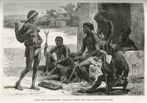 Muži, ženy a nádobí (region Bihe, Rwanda). Rytina D. Maillarta k ilustraci příběhu Jak jsem přešel Afriku od Atlantského oceánu k Indickému oceánu, který v letech 1877-1878 vydal major Serpa Pinto v časopise Tour du monde pod vedením Ed. od French School