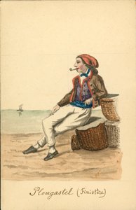 Mužský kroj z Plougastelu, Finistere (barevná litografie) od French School