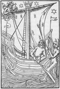 Obchodní loď středověku uprostřed nebezpečí moře. Rytina v „La Marine et les colonies: commerce“ od French School