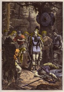 Merovingiens: Clovis 1er sestřelil vojáka, který rozbil vázu Soissons, en 486 - Clovis (465-511) a francký válečník, který rozbil vázu Soissons v roce 486 - rytina z „“ L