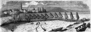 Meteorologický jev: vysychání Rýna v roce 1858. Pohled na most Kehl (Německo), pořízený po proudu od francouzského pobřeží. Rytina v „“ Le Monde Illustré““ č. 50 z 27. března 1858. od French School