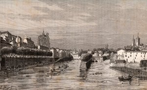 Metz - pohled na přístav Saint-Georges - Moselle - rytina v „La France illustrée: geografie, historie, statistická správa“ od V.A. Malt-Brown. 1884 od French School