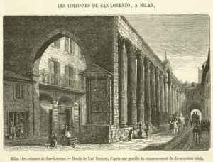 Milán, sloupy San-Lorenzo (rytina) od French School