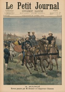 Vojenská recenze Paula Doumera, generálního guvernéra Francouzské Indočíny, a císaře Annamu, Thanh Thai, v Hanoji, ilustrace přední obálky z Le Petit Journal, Supplement Illustre, 27. dubna 1902 (