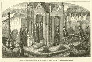 Miniatura patnáctého století, přijetí novice v hotelu-Dieu v Paříži (rytina) od French School