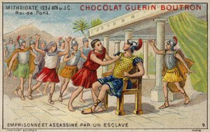 Mithridates VI z Pontu uvězněn a zavražděn otrokem (chromolitho) od French School