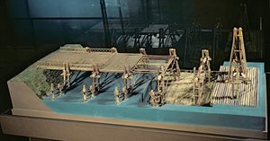 Model mostu přes Rýn postavený Juliem Caesarem (101-44 př.nl) v roce 55 př.n.l. od French School