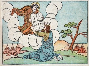 Mojžíš dostává tabulky zákona - v „Svaté historii ve 120 obrazech“, ed. House of Good Press, Paříž od French School