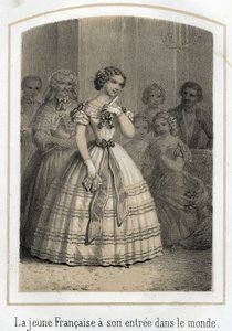 Mondanite: mladá Francouzka vstupuje do světa. Všichni ji obdivují. Anonymní rytina 19. století od French School