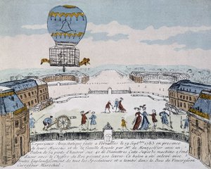 Montgolfierův první let aerostatu obývaného zvířaty organizovaný ve Versailles, 19. září od French School