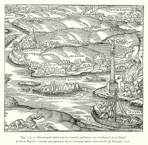 Památník postavený pařížskými námořníky na soutoku Seiny a Marny; po rytině Thevetovy univerzální kosmografie; 1575 (rytina) od French School