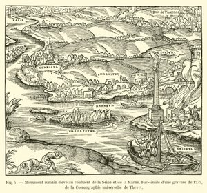 Římský pomník postavený na soutoku Seiny a Marny, Faksimile rytiny z roku 1575, z Cosmographie Universelle od Theveta od French School