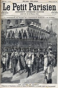 Moskevské oslavy: Ruský císař Mikuláš II. (1868-1918) a impressa Alexandra Fiodorovna Romanova (1872-1918) opouštějící kostel Nanebevzetí Panny Marie v moskevském Kremlu po své korunovaci 14. od French School