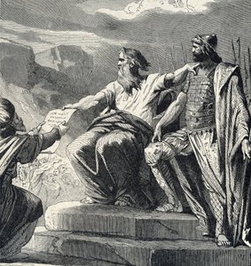 Mojžíš nařídil lidu Izraele, aby uznal autoritu Josue (Mojžíš si vybral Joshuu jako svého nástupce) Rytina ze „Svaté historie“ od Lahura Soukromá sbírka z 19. století od French School