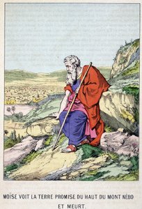 Mojžíš vidí zaslíbenou zemi z vrcholu hory Nebo a umírá - v „Život Mojžíše“, ed. Olivier Pinot, Epinal, konec 19. století od French School