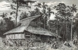 Mešita v Dodinga, Nová Guinea, ilustrace z časopisu Le Tour du Monde, 1879 od French School