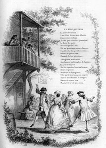 Matka Bontems (Bontemps). Tanec mladých párů na vesnici s muzikanty na balkóně. Rytina do „“ Chants et chansons populaire de la France“, Tome 2 od French School