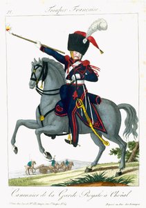 Jízdní dělostřelec královské gardy, z Troupes Francaises, hospoda. chez Basset, Paříž, kolem roku 1790 od French School