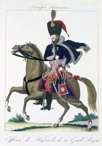 Jízdní důstojník husarů královské gardy, z Troupes Francaises, hospoda. chez Basset, Paříž, kolem roku 1790 od French School