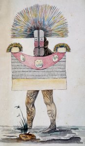 Smuteční šaty nebo Parae na Tahiti, akvarel od Jules-Louis Lejeune, založený na Cestě kolem světa od French School