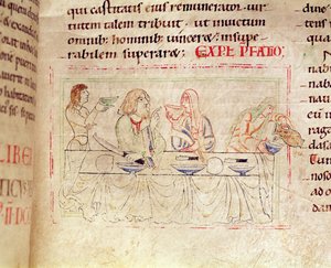 Ms.1215 t.3 fol.158v, Jídlo s Judith a Holofernem, z Bible Etienna Hardinga, 1109