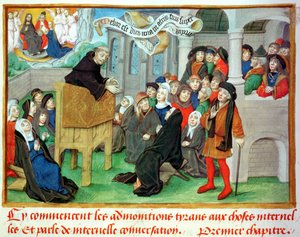 Ms. 230 fol. 57 Mnich káže napodobování, z Kázání o utrpení a různých smluv od Jeana de Gersona (1363-1429) od French School